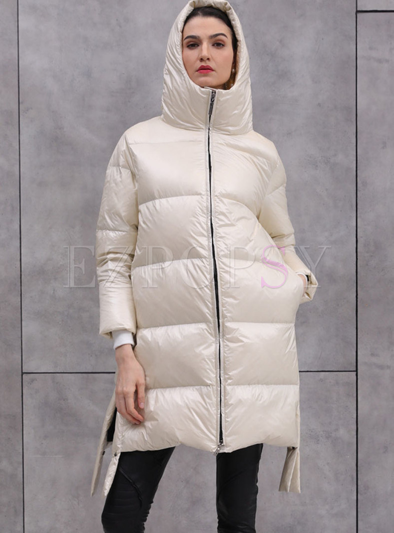 Hooded Zip-up Straight Mid-lengh Puffer Coat
