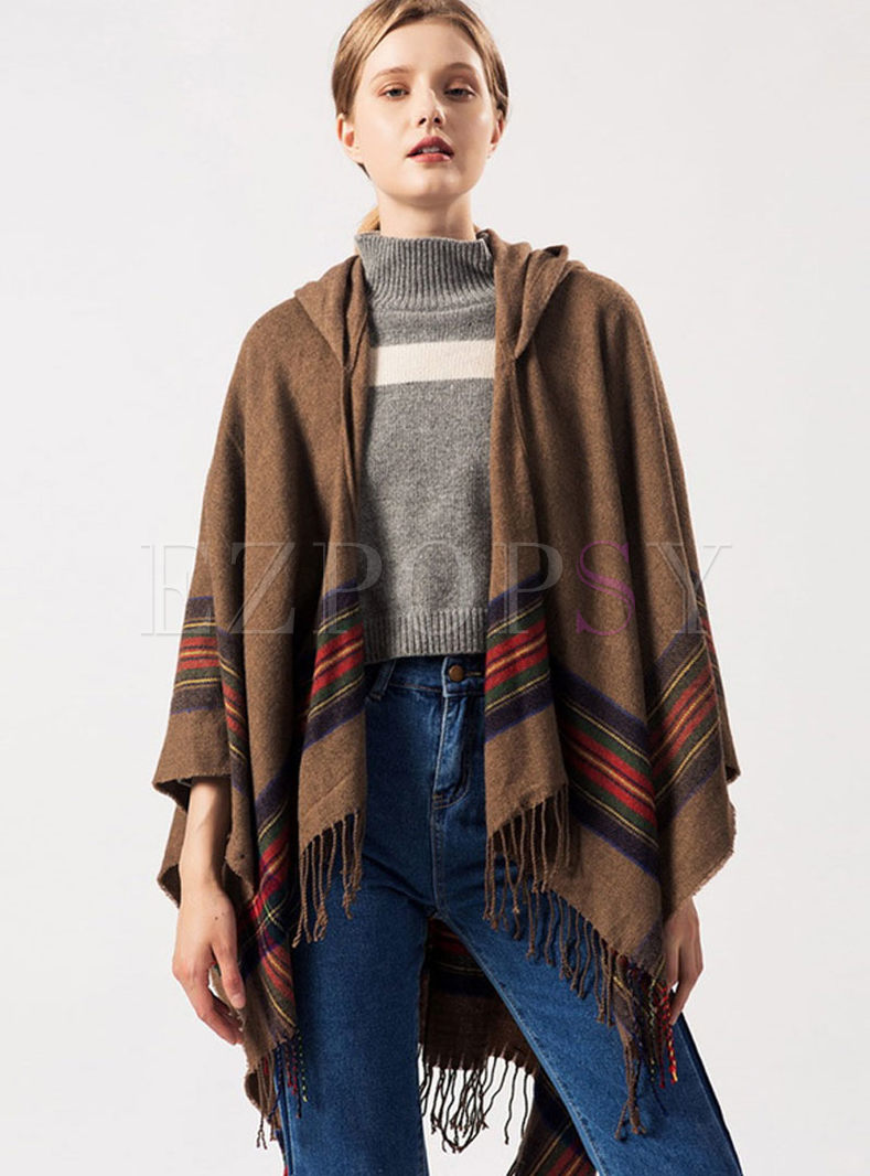 Hooded Striped Fringed Cashmere Poncho Scarf