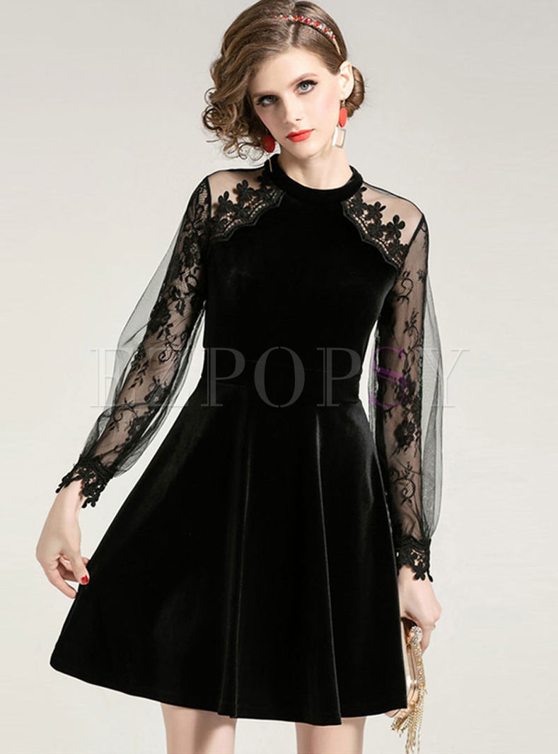 Black Mock Neck Long Sleeve Velvet Dress
