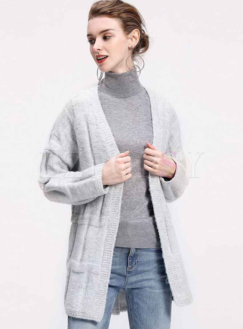 Outwear | Jackets/Coats | Solid Color V-neck Straight Sweater Coat