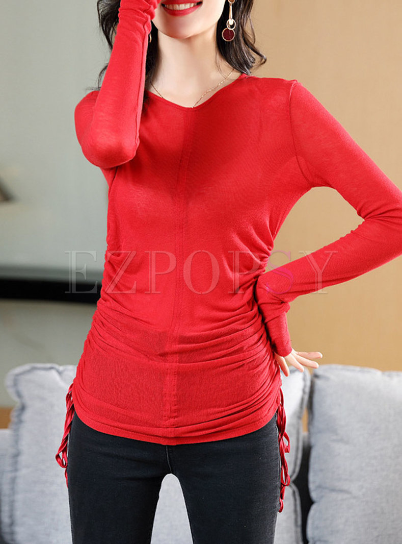Red V-neck Slim Sweater With Drawcord