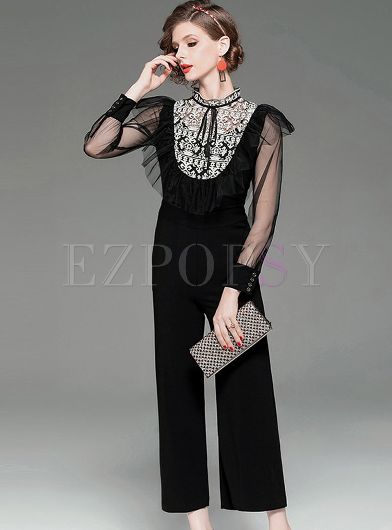 Mock Neck Embroidered Patchwork Mesh Wide Leg Rompers