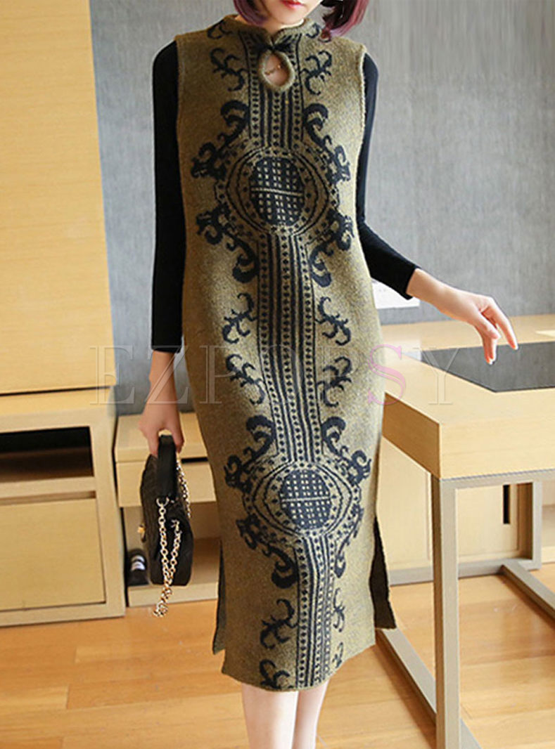 Mandarin Collar Sleeveless Print Sweater Dress