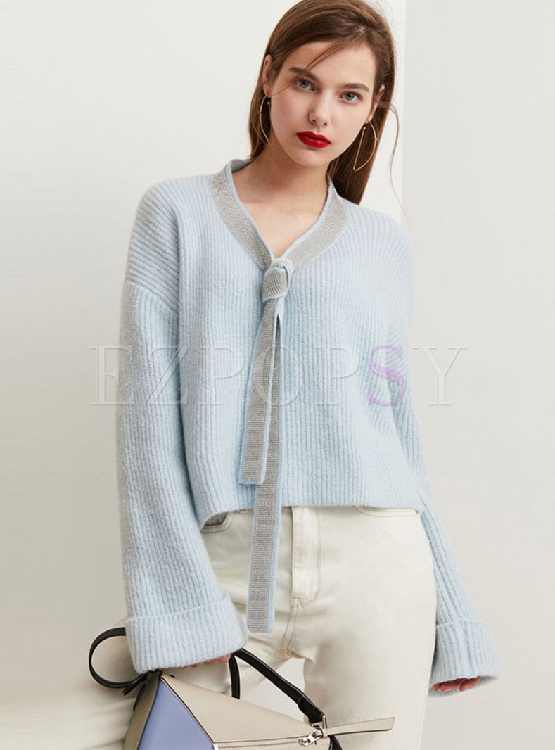 V-neck Beading Pullover Cropped Sweater