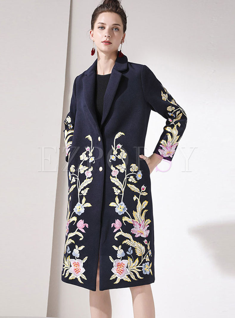 Notched Embroidered Loose Wool Blended Coat