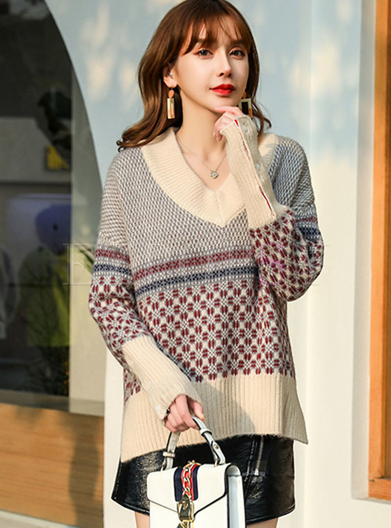 V-neck Patchwork Color-blocked Loose Pullover Sweater