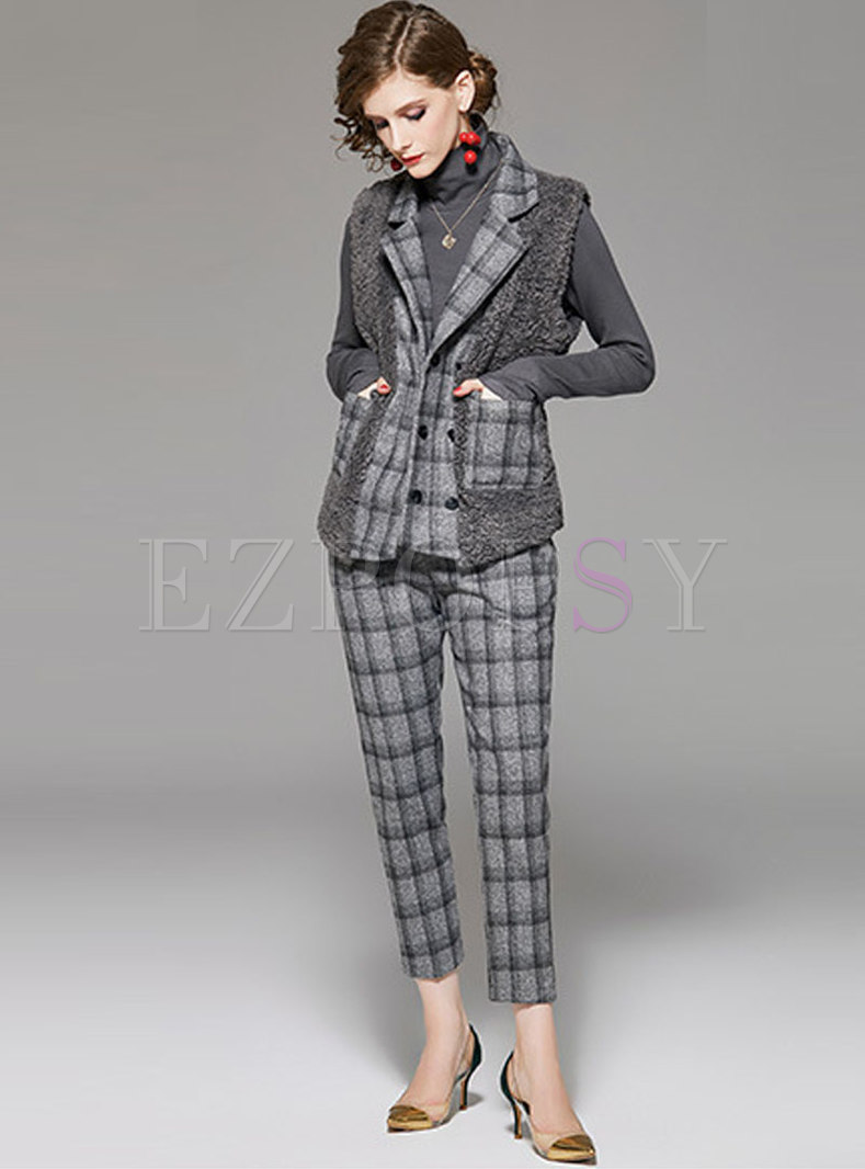 Gray Patchwork Plaid Pant Suits