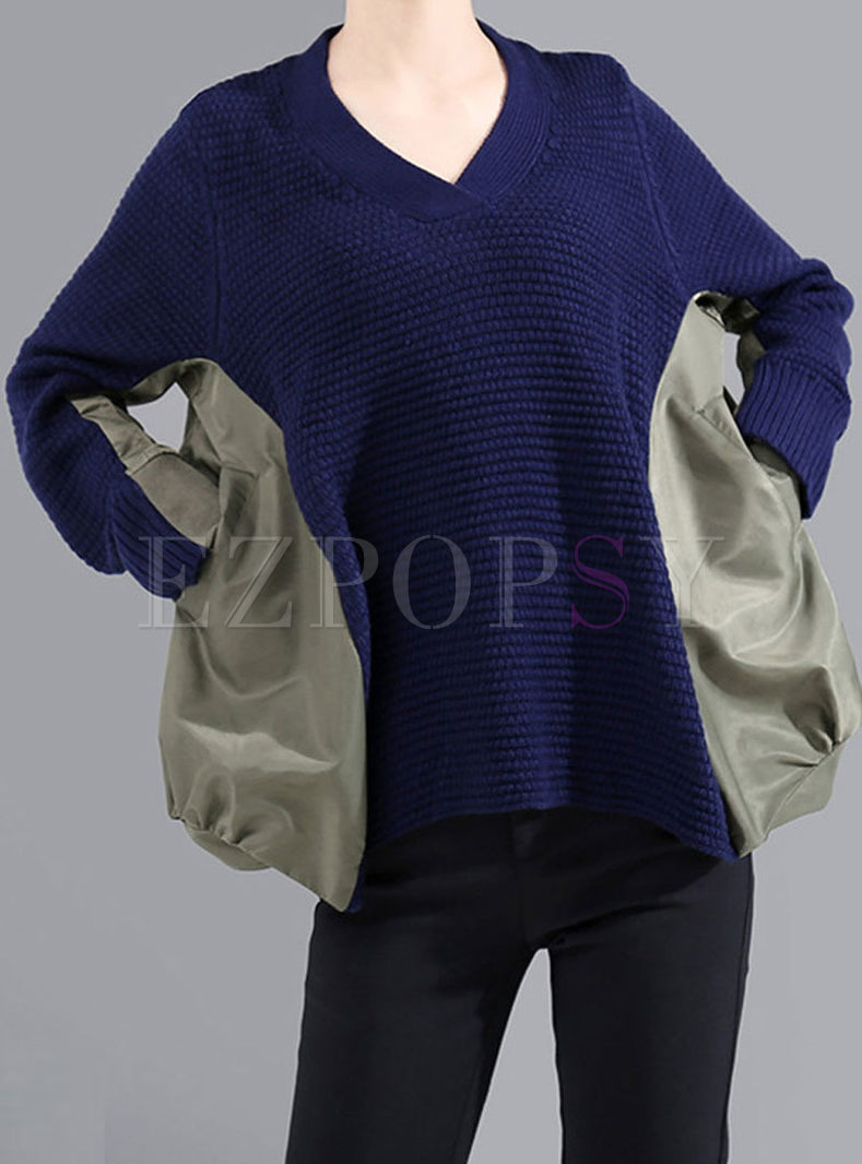 V-neck Plus Size Patchwork Pullover Sweater