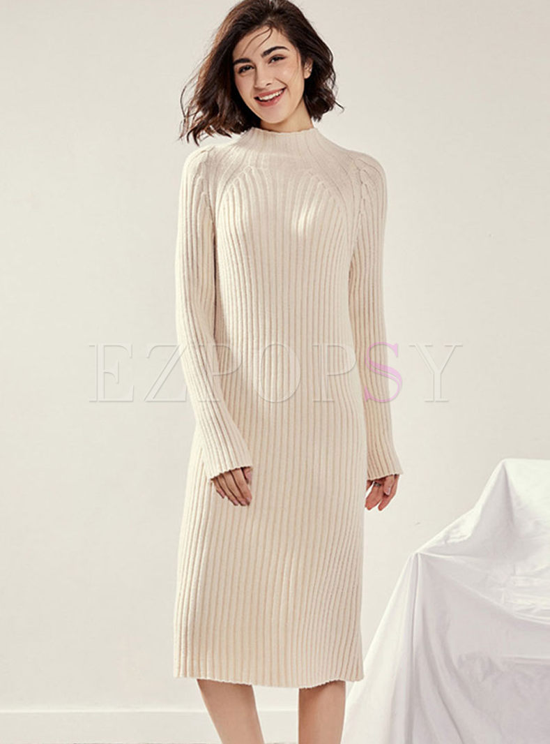 Solid Color Long Sleeve Slim Sweater Dress