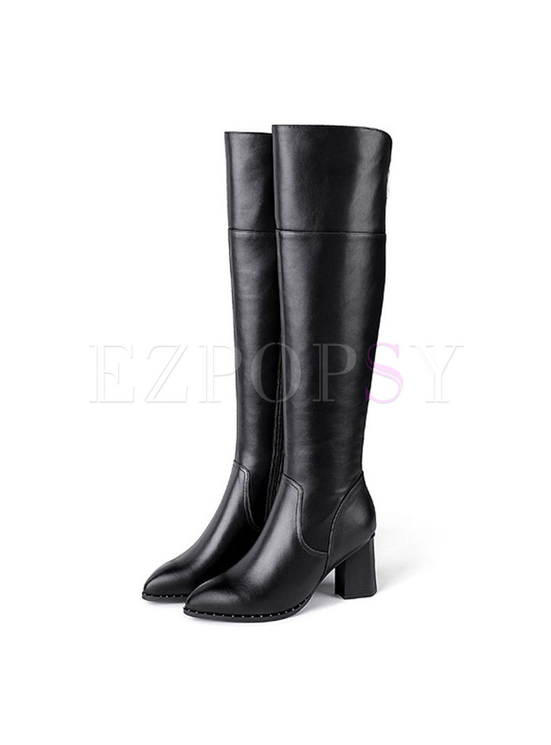 Black Pointed Head Chunky Heel Long Boots