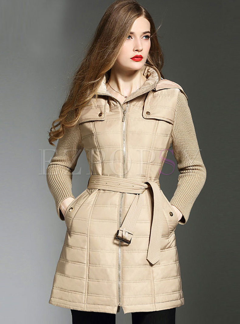 Knitted Sleeve Hooded Belted Thick Coat