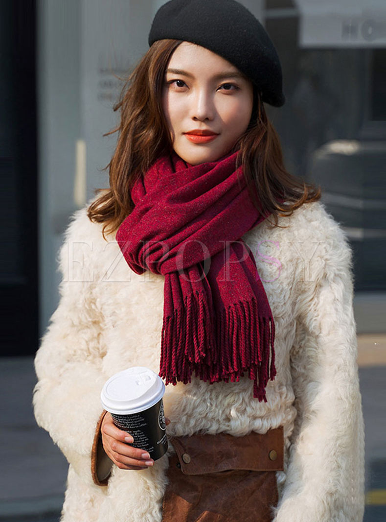 Solid Color Fringed Faux Cashmere Scarf