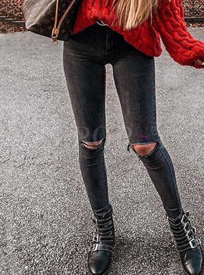 High Waisted Ripped Denim Pencil Pants