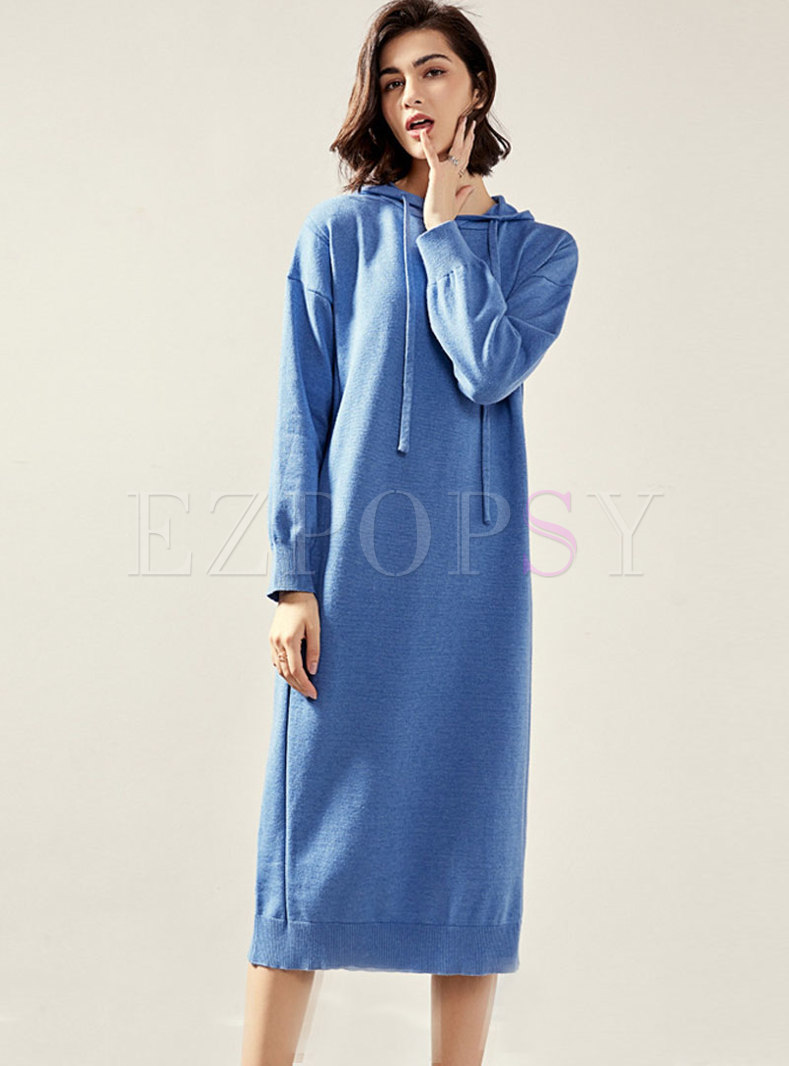 Solid Color Hooded Straight Loose Sweater Dress