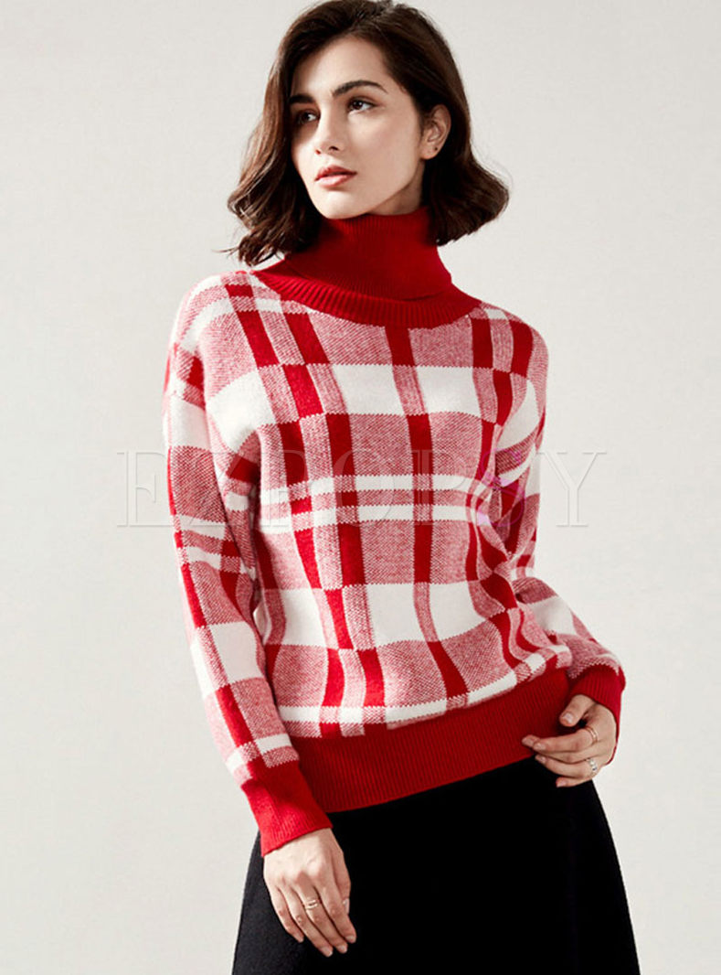 Turtleneck Pullover Loose Plaid Sweater