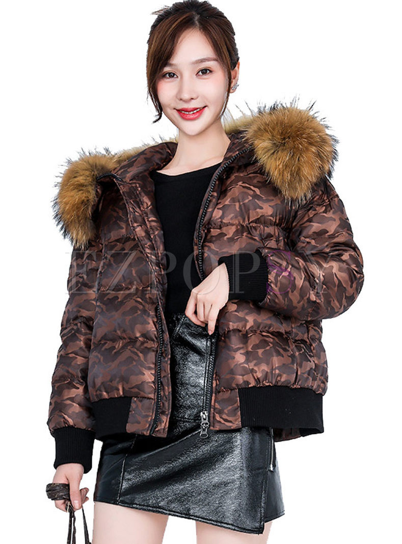 Hooded Short Puffer Coat With Fur Collar