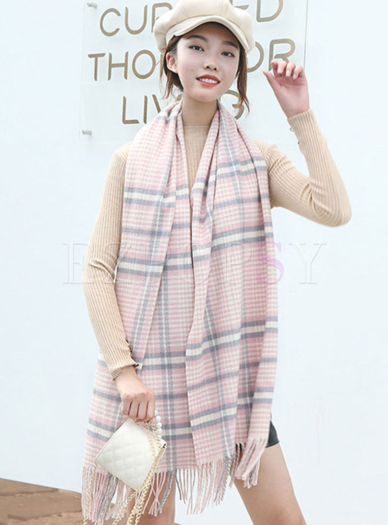 Color-blocked Plaid Fringed Faux Cashmere Scarf