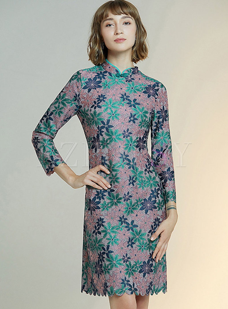 Mandarin Collar Print Slim Dress