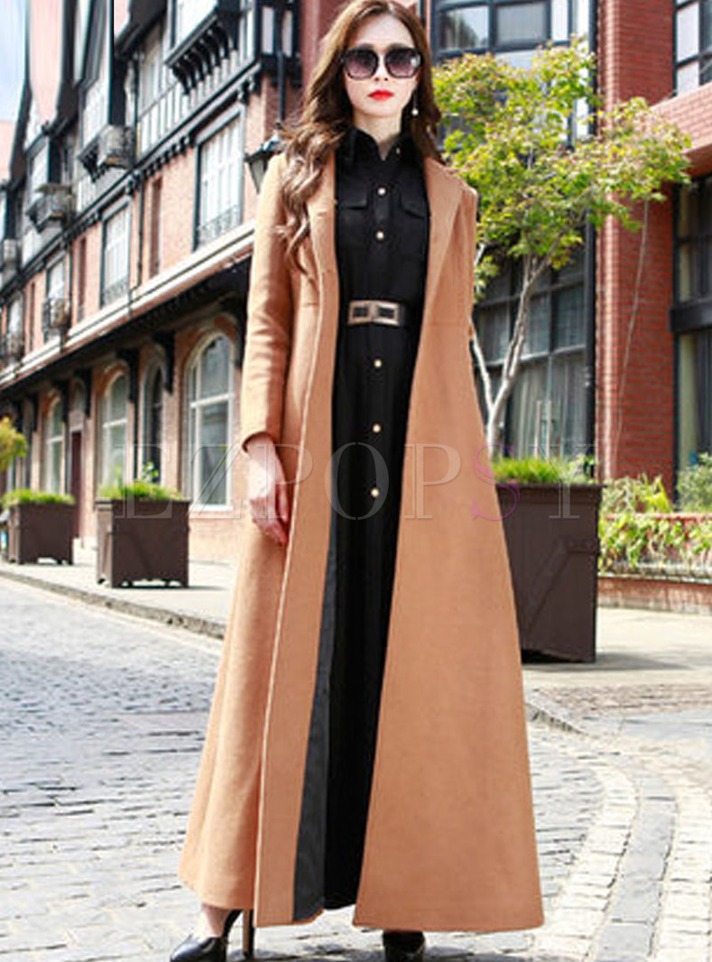 Solid Color Long A Line Wool Blend Coat