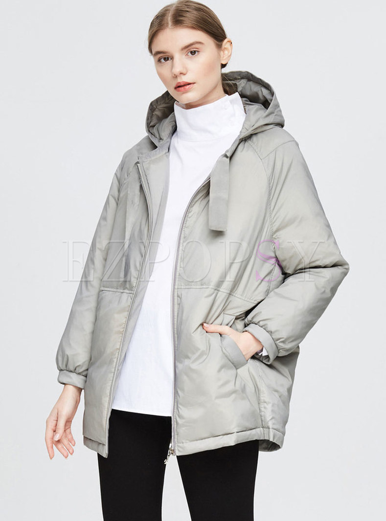 Outwear | Down Coats | Solid Color Hooded Straight Loose Down Coat