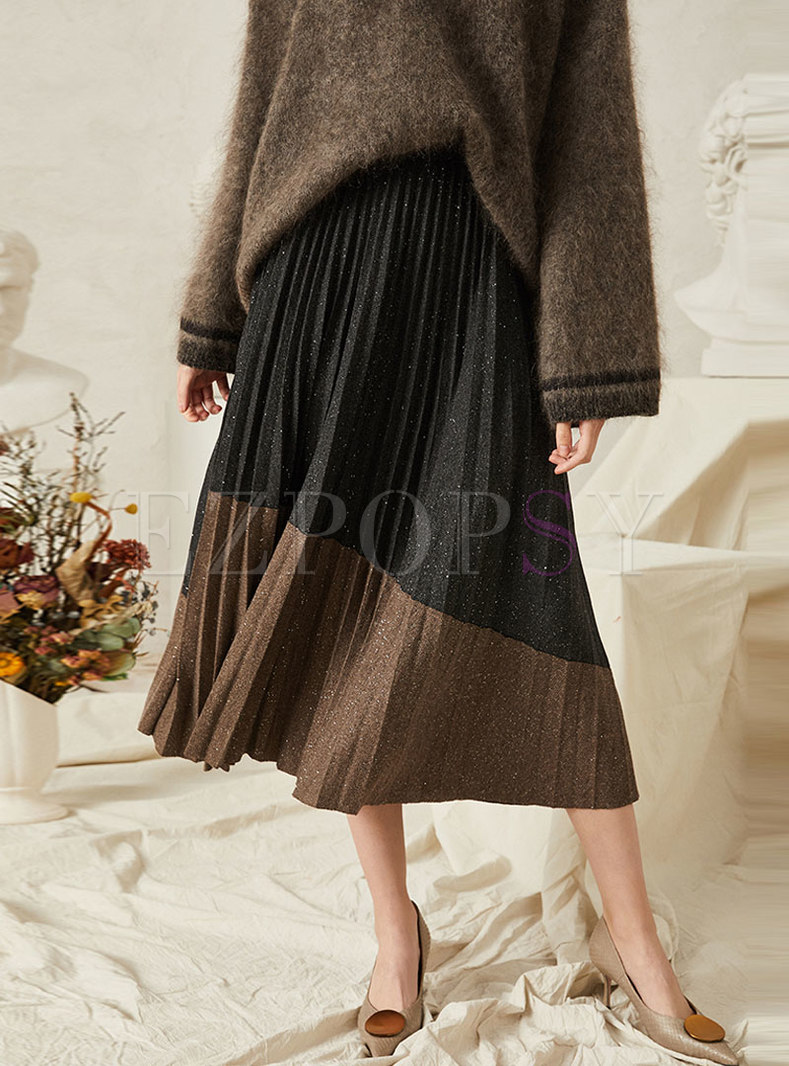Elastic Waisted Color-blocked Pleated A Line Skirt