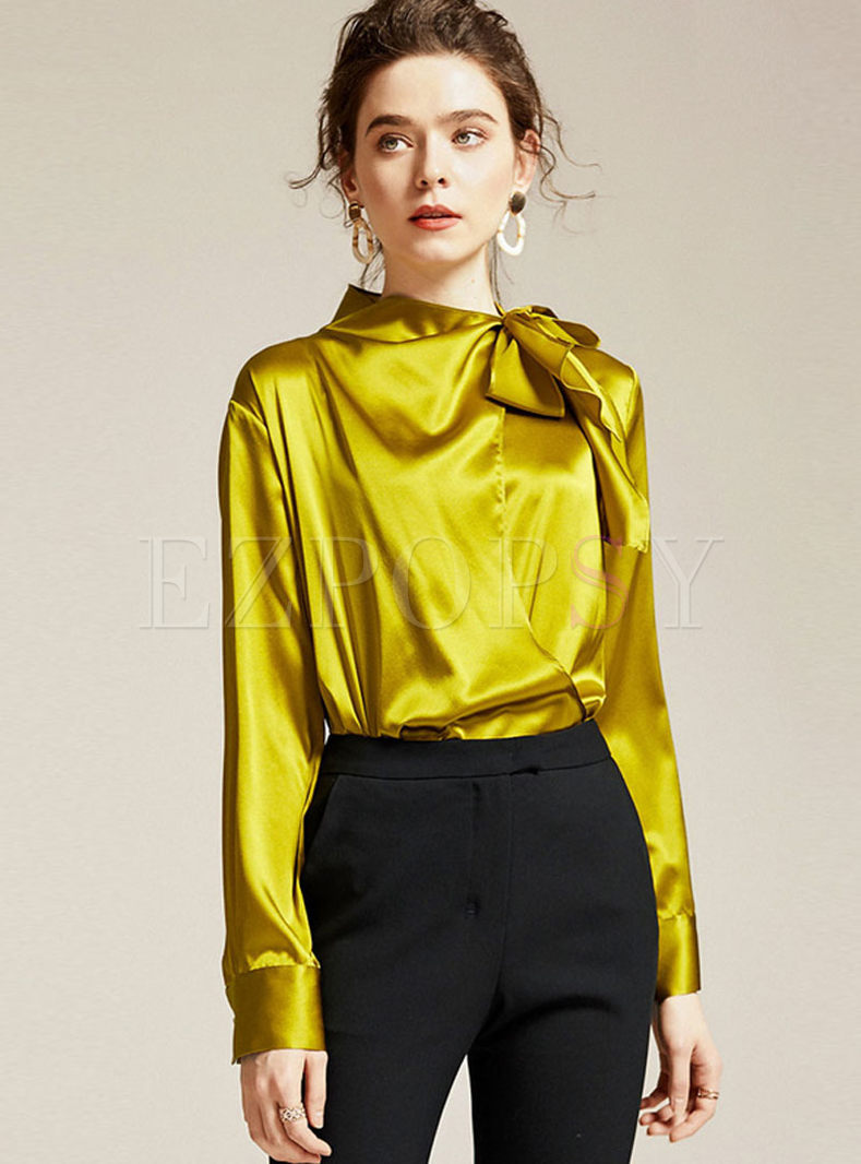 Bowknot Mock Neck Pullover Silk Blouse