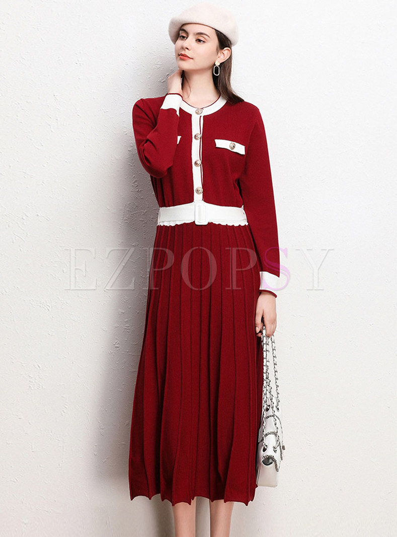 Crew Neck Patchwork Color-blocked Pleated Sweater Dress