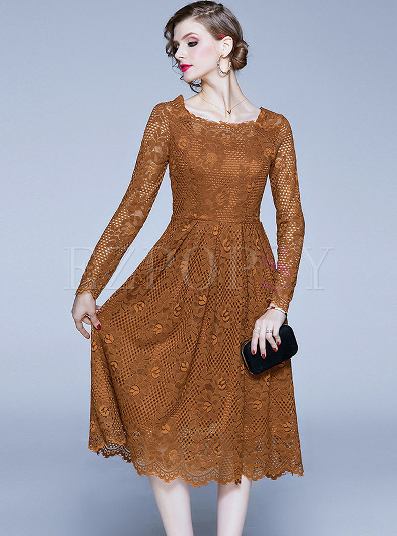 Square Collar Lace Openwork Patchwork A Line Dress
