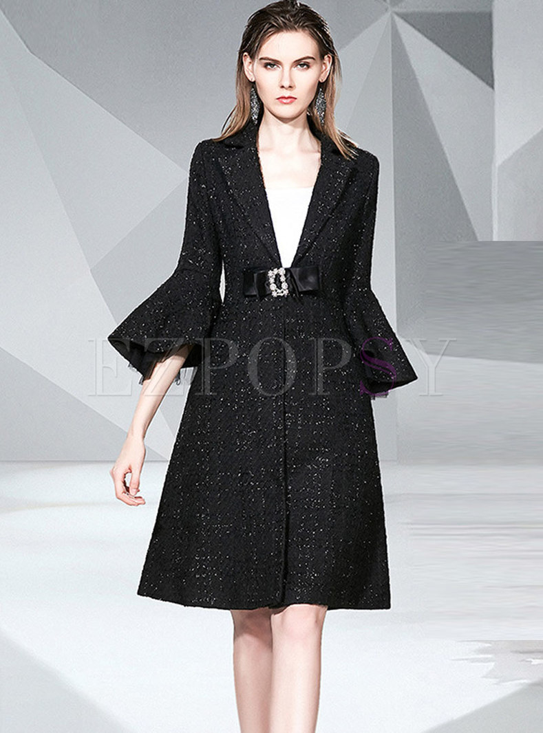 Flare Sleeve A Line Tweed Coat With Belt