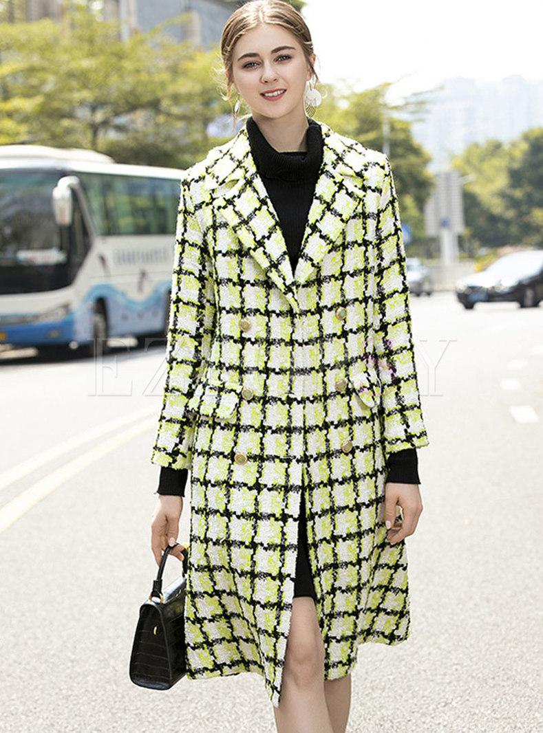 Notched Plaid Color-blocked Slim Peacoat