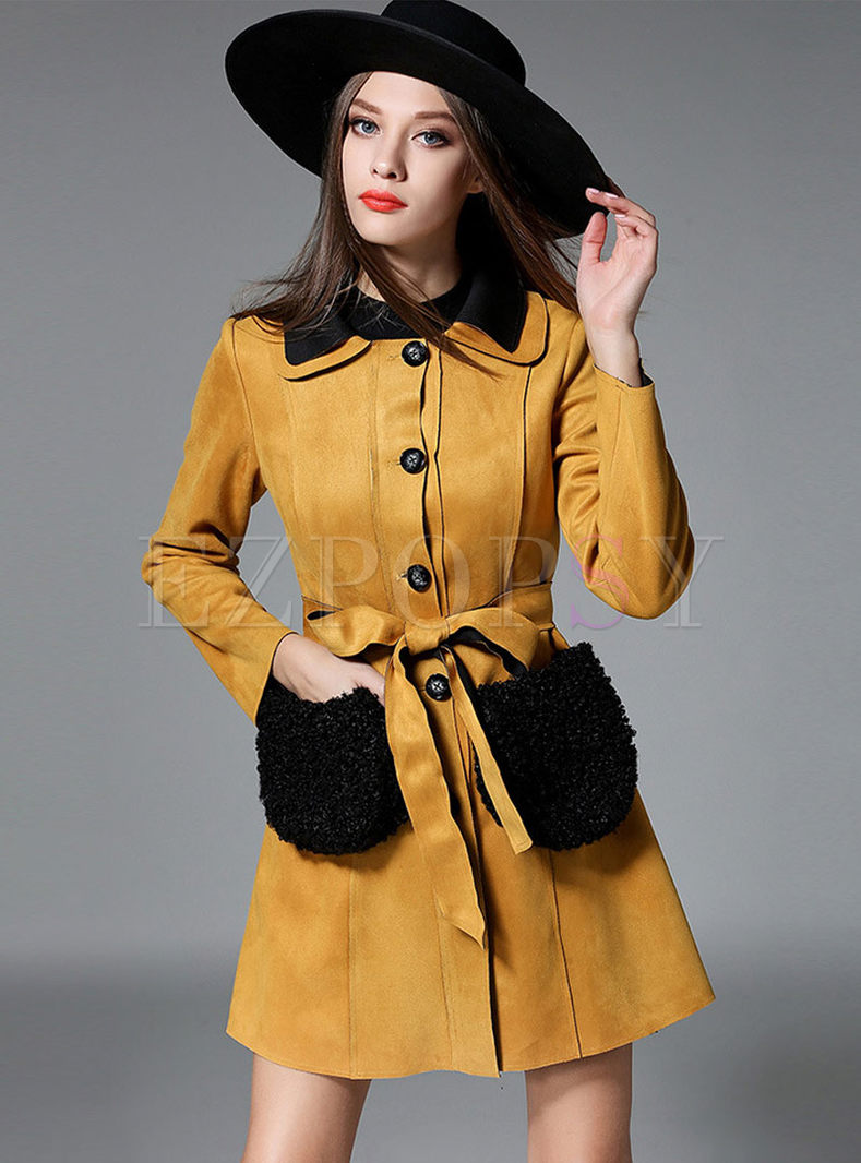 Color-blocked Suede Patchwork Trench Coat