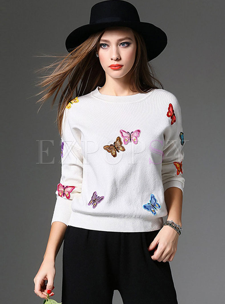 Tops | Sweaters | Crew Neck Butterfly Embroidered Pullover Sweater