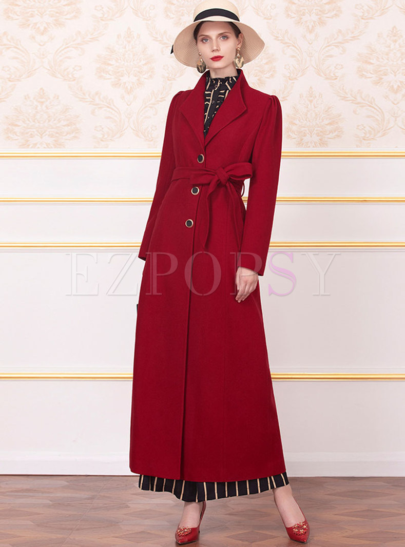 Red Mock Neck Thick A Line Long Overcoat