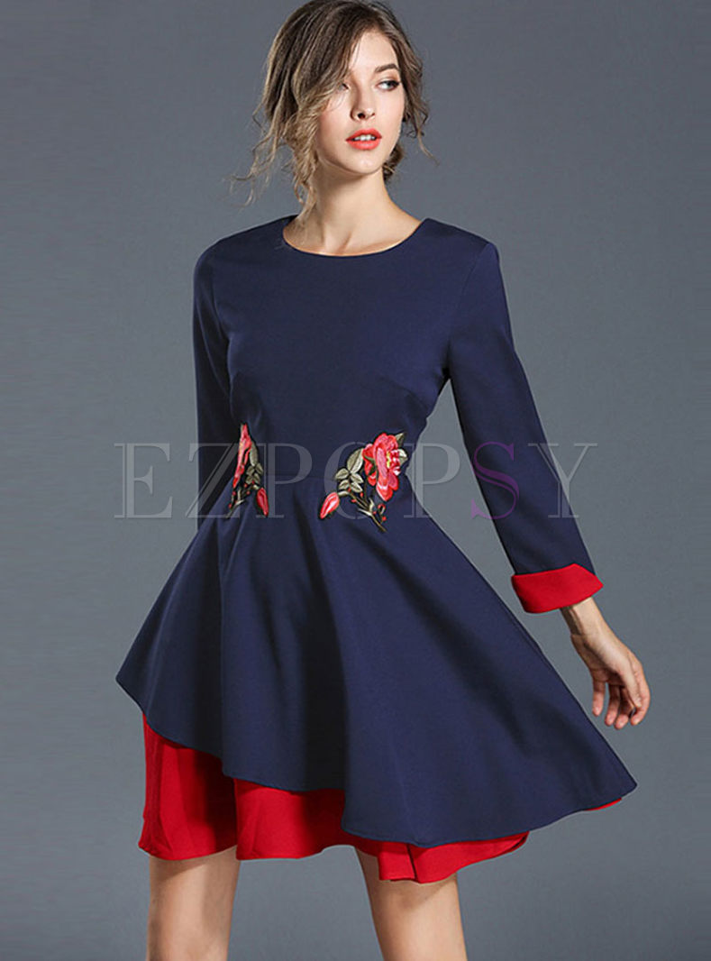 Crew Neck Long Sleeve Embroidered Mini Dress