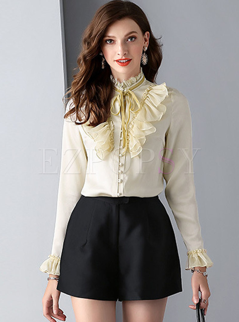 Mock Neck Ruffle Bowknot Buttoned Blouse