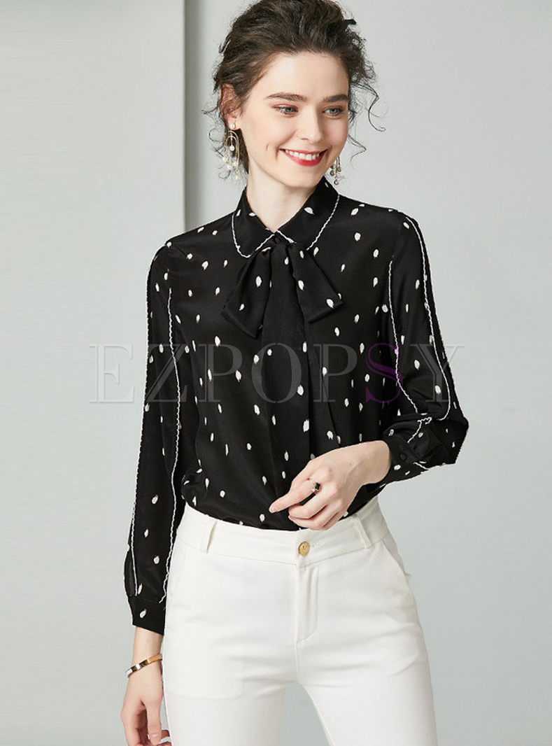 Tops | Blouses | Black Long Sleeve Print Silk Blouse