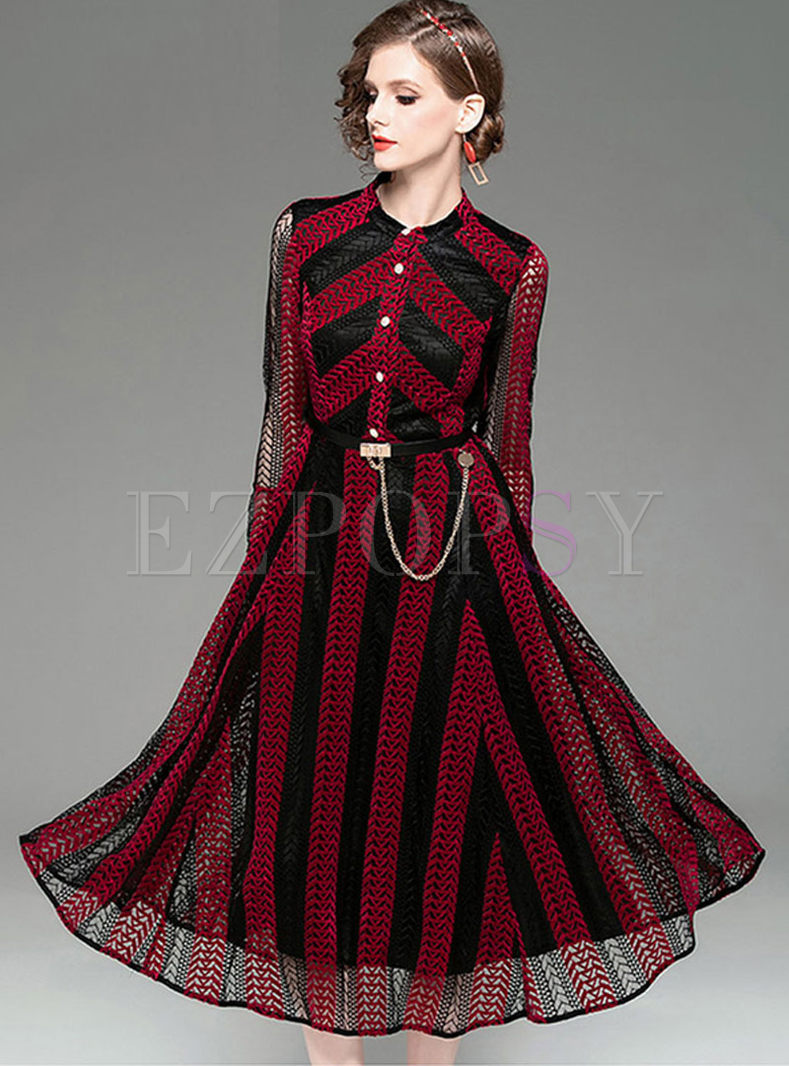 Color-blocked Striped Openwork Lace Dress