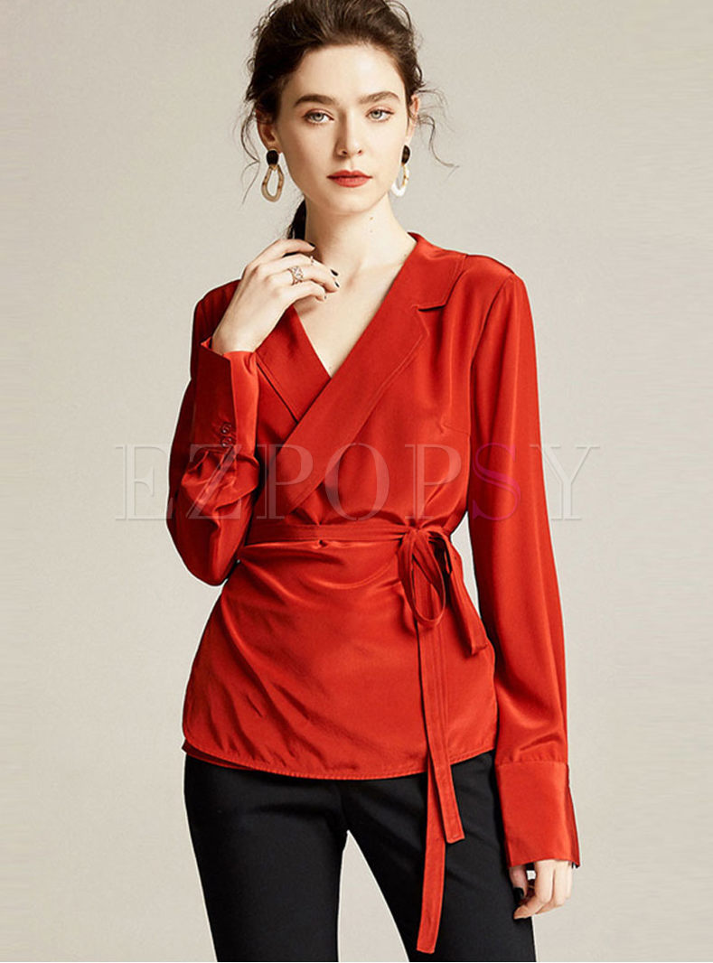 Solid Color Notched Slim Silk Blouse