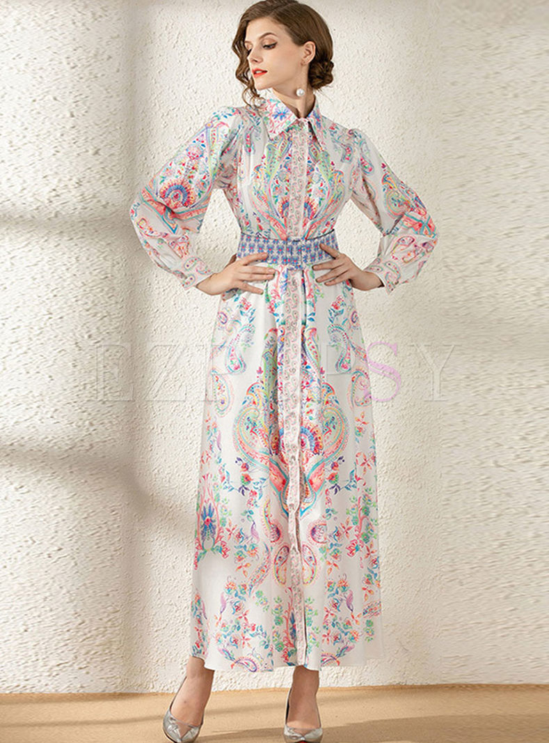 Lapel Long Sleeve Print Maxi Dress