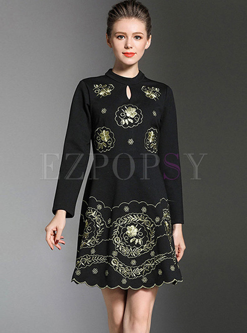 Black Long Sleeve Embroidered Mini Dress