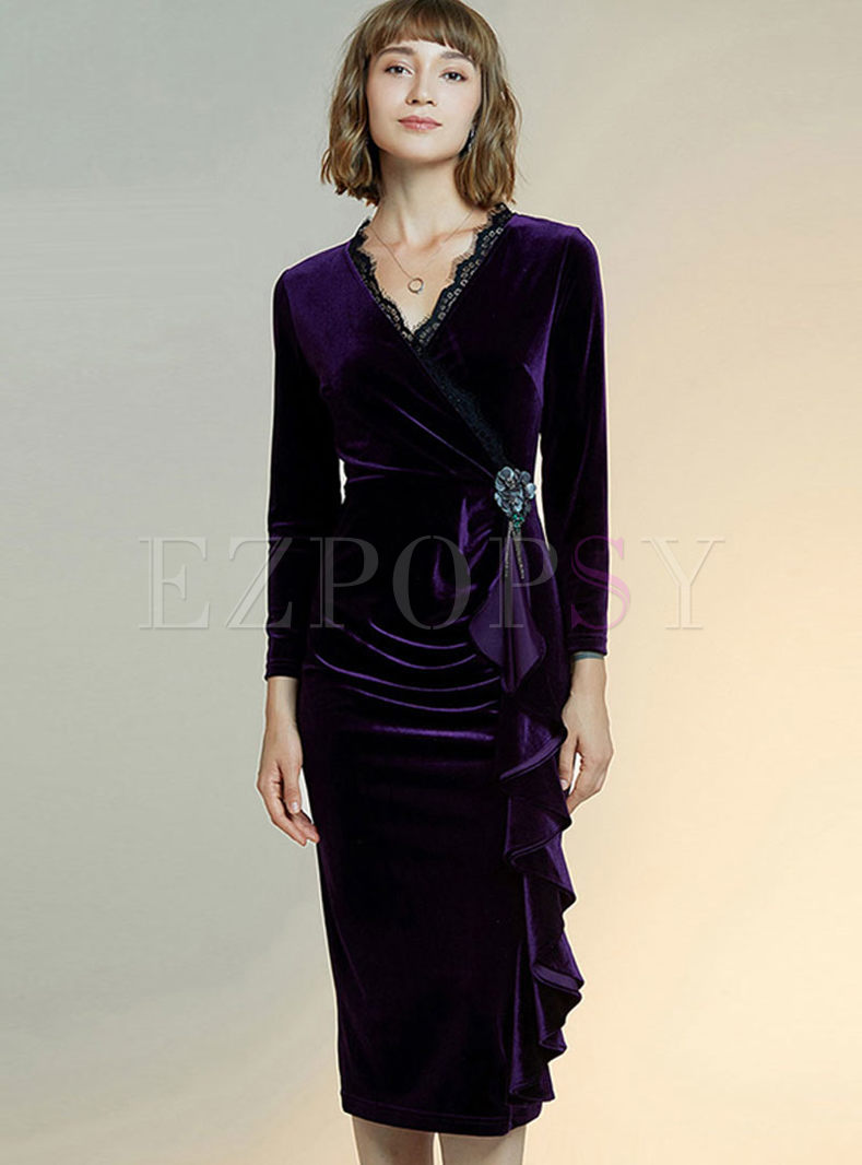 V-neck Long Sleeve Lace Patchwork Bodycon Dress