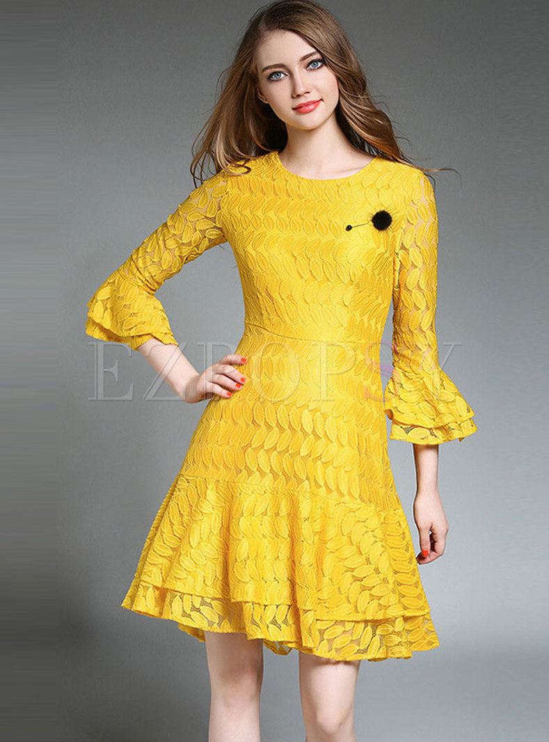Crew Neck Flare Sleeve A Line Lace Dress
