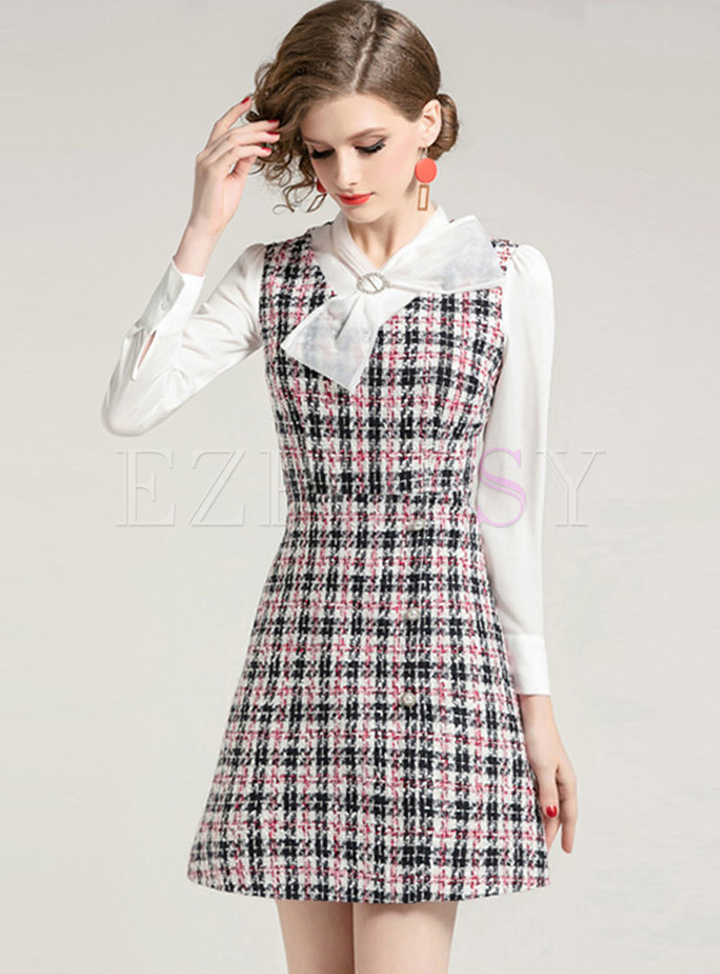 Long Sleeve Patchwork Tweed Mini Dress