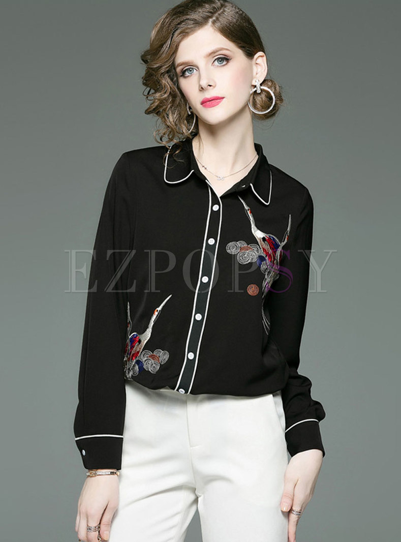 Lapel Animal Embroidered Loose Blouse