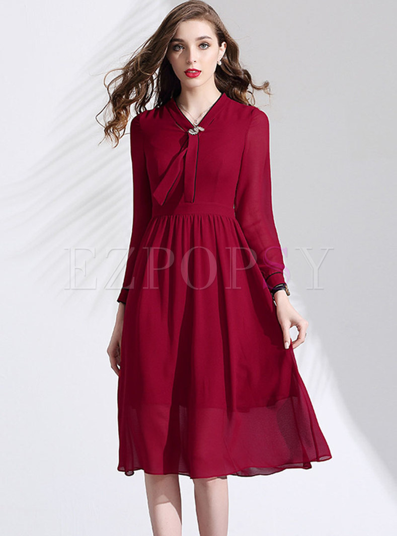 Dresses | Skater Dresses | Red V-neck Long Sleeve Skater Dress