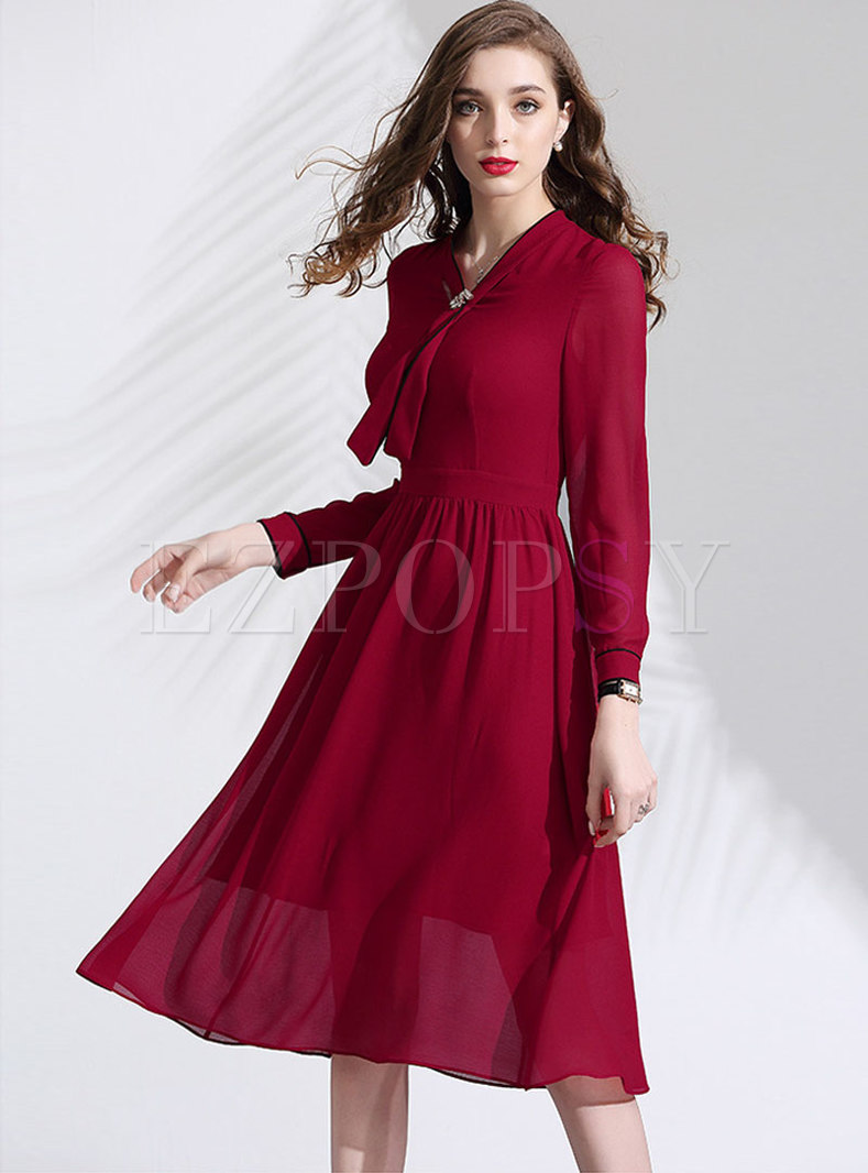 Dresses | Skater Dresses | Red V-neck Long Sleeve Skater Dress