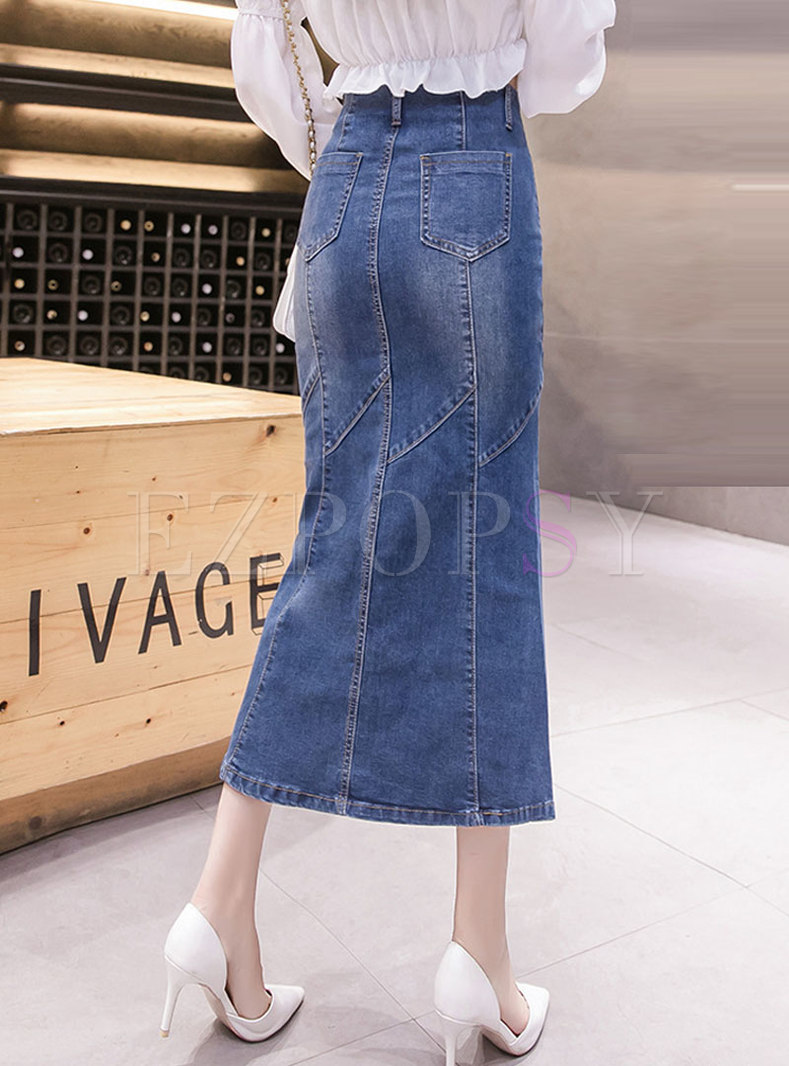 high waisted denim maxi skirt