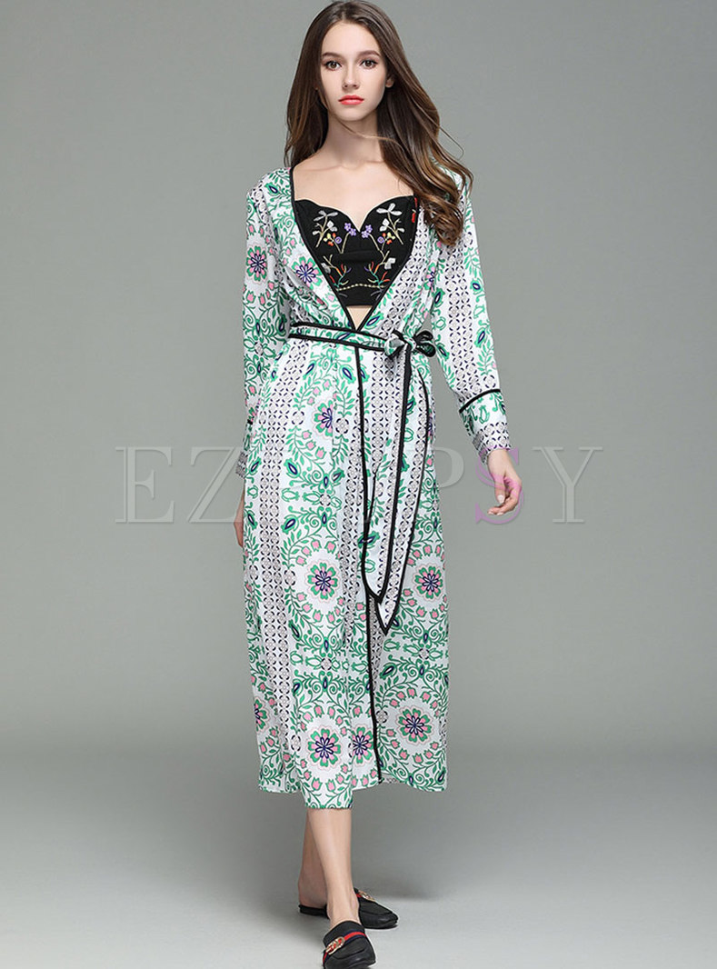 V-neck Long Sleeve Print Silk Beach Kimono