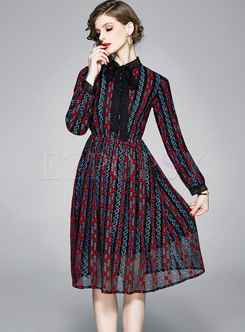 Mock Neck Openwork Lace Embroidered Dress
