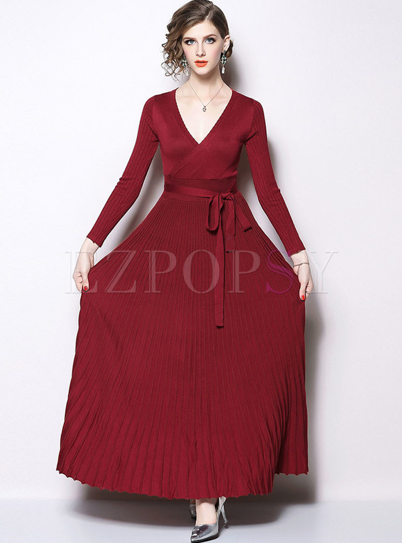 Dresses | Maxi Dresses | Solid Color V-neck Pleated Maxi Dress